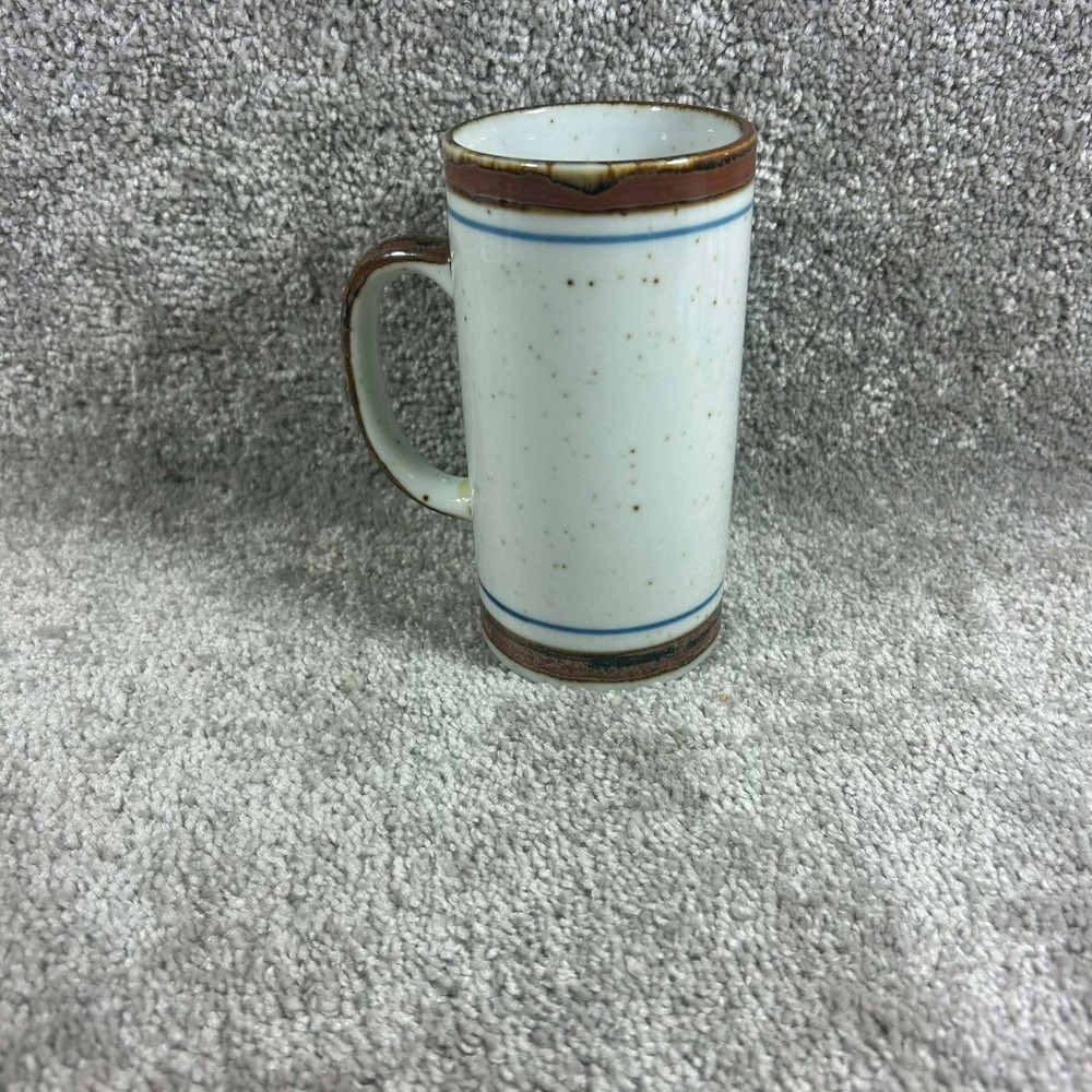 Speckled Stoneware Coffee Mug Cream Blue Brown Striped Tall 5.5in